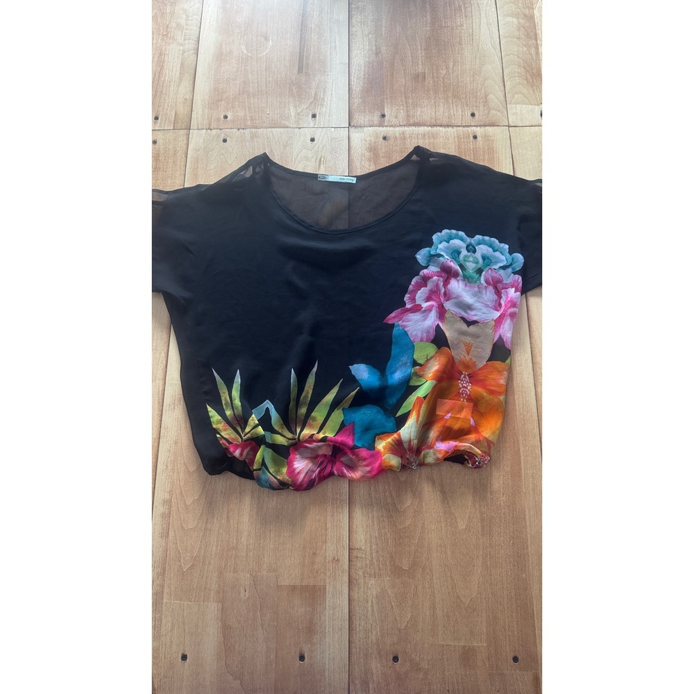 Maurices Black Tropical Floral‎ Sheer Chiffon Short Sleeve Blouse Size M